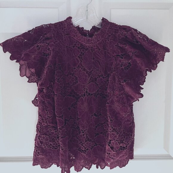 Anthropologie Burgandy Velvet Flutter Sleeve Top - Picture 1 of 9